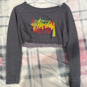 Stussy Gray Cropped Sweatshirt with Colorful Front Design